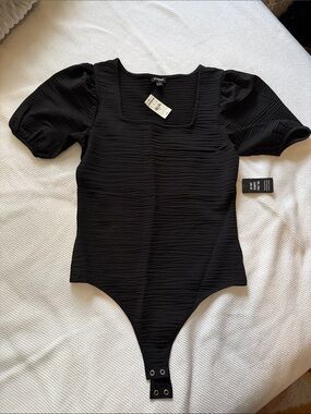 Express Black Textured Square-Neck Puff-Sleeve Bodysuit